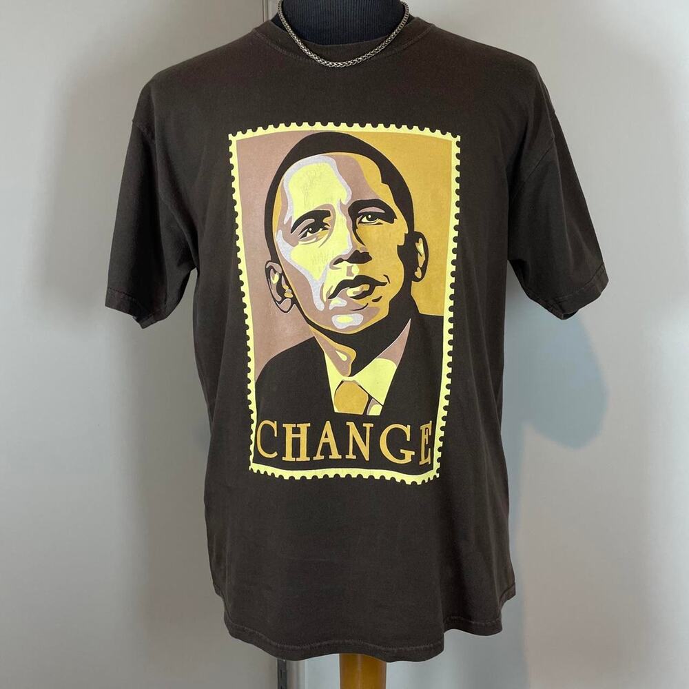 Barack Obama "Change" Stamp Brown Large Cotton T-shirt